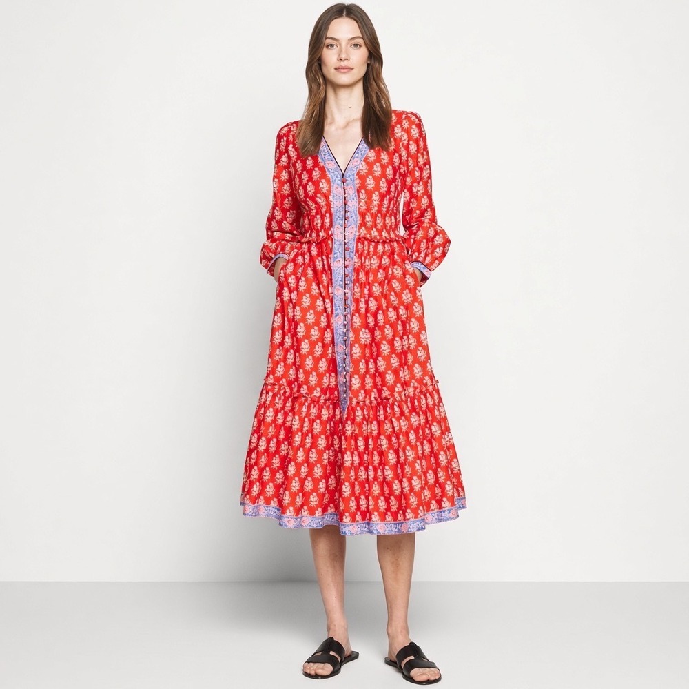 J.Crew Block Print Red Floral Cotton Tiered Midi Dress 2 Boho Long Sleeve V-Neck